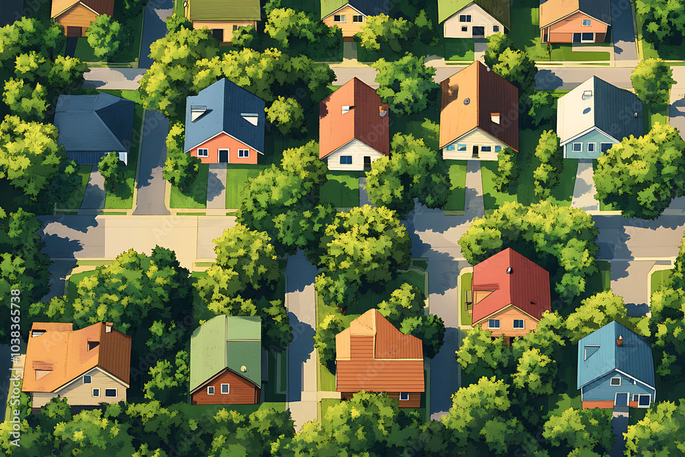 Aerial view of a suburban neighborhood with houses surrounded by trees. Aerial view of a suburban neighborhood with houses surrounded by trees.