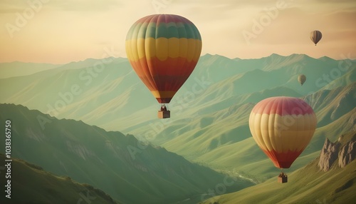 Two colorful hot air balloons floating over a mountainous landscape at sunset