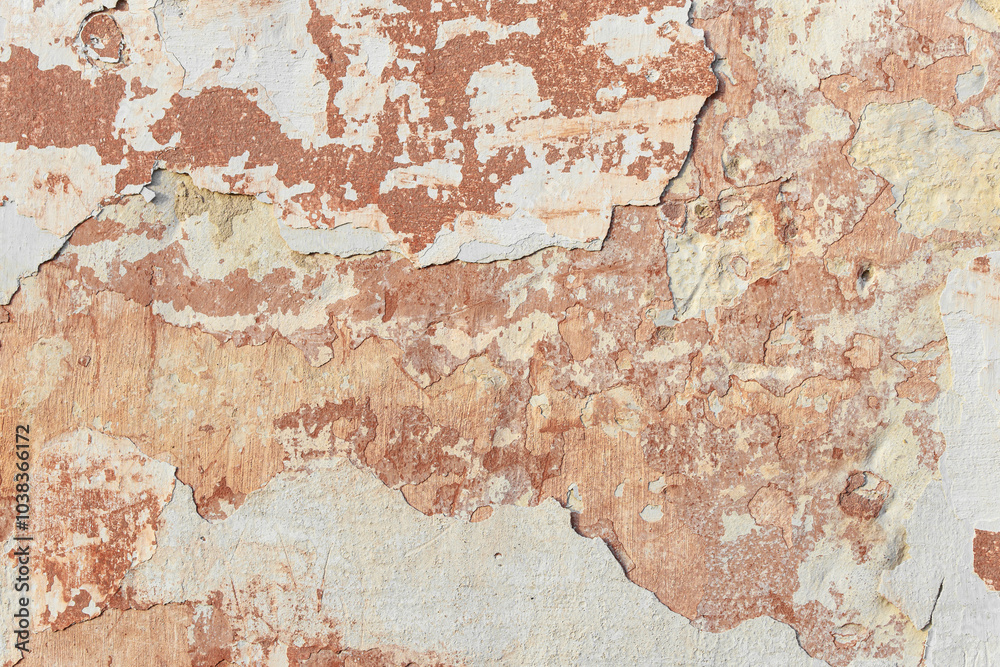 Fototapeta premium A fragment of a wall with red tints and yellow tint in the style of the 90s. Severe scratches and surface damage.