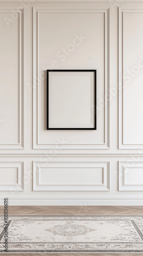 A minimalist interior featuring an empty black-framed picture hanging on a textured white wall, complemented by an intricate rug.