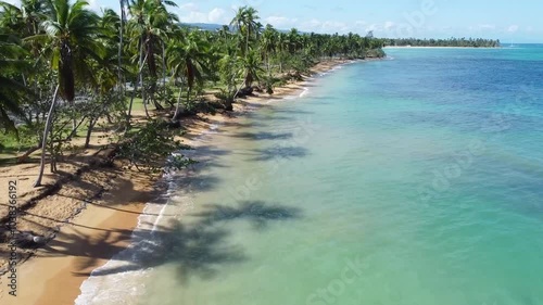 Aerial view of Caribbean beach with blue sea and green palm trees, panoramic view of the beach and crystal clear water. Totally clean beaches. Dominican Republic. photo