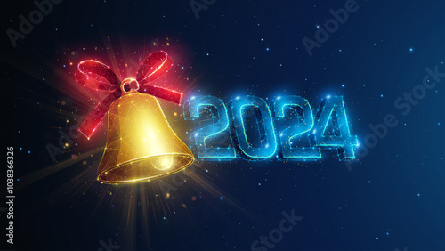 Abstract illustration of golden christmas bell and 2024 year in low poly style. Blue geometric background depicting New year and Christmas holidays congratulations concept by wireframe mesh