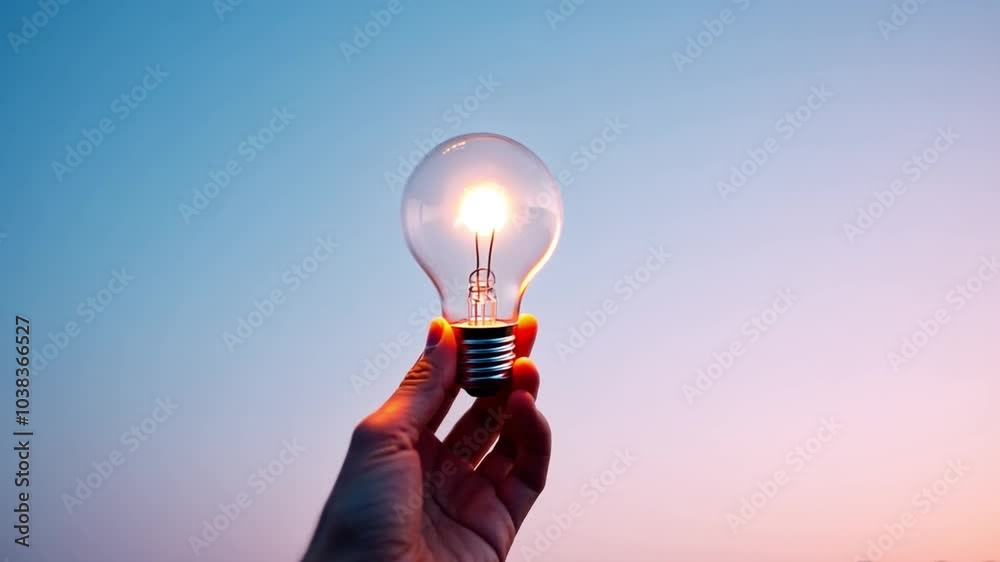 A hand holding an unlit light bulb against a blue-to-pink sky. The composition is simple yet striking, emphasizing the contrast between the human element and the sky.