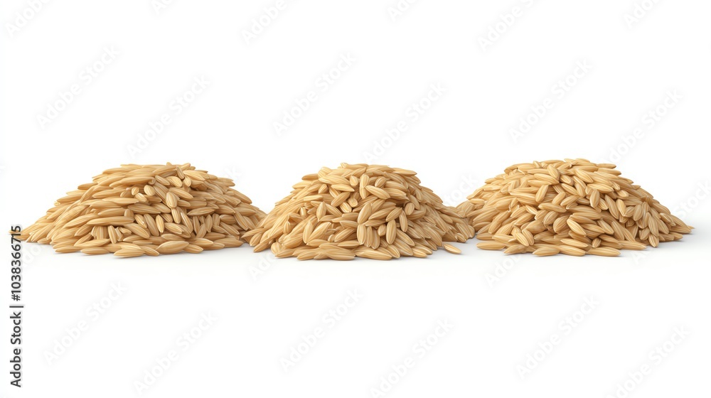 Three distinct piles of uncooked brown rice on a white isolate background. Three distinct piles of uncooked brown rice on a white isolate background.