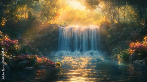 Serene waterfall surrounded by lush greenery and vibrant flowers.