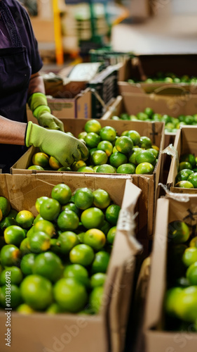 Worker sorting green limes into cardboard boxes, wearing gloves in a warehouse