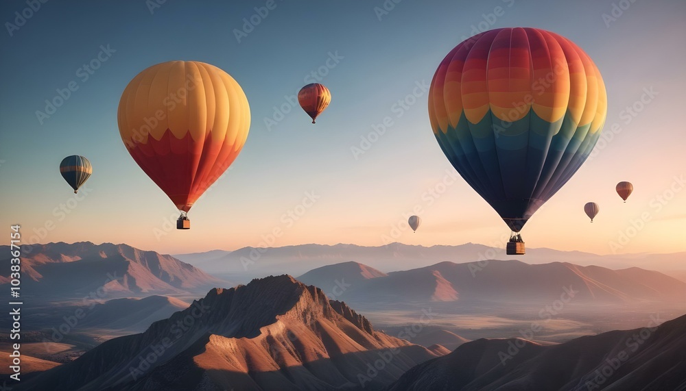 Two colorful hot air balloons floating over a mountainous landscape at sunset Two colorful hot air balloons floating over a mountainous landscape at sunset