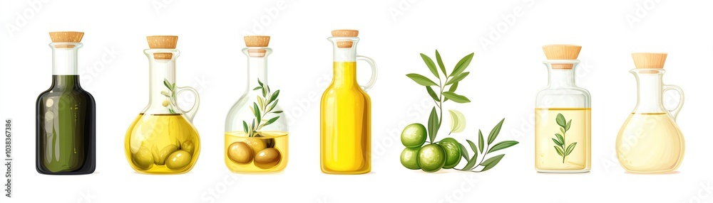 Various bottles of olive oil, white isolate background