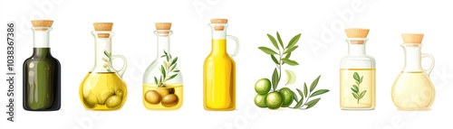 Various bottles of olive oil, white isolate background