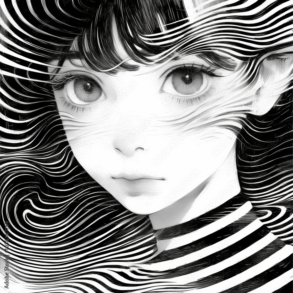 Fototapeta premium portrait of a young girl with detailed hypnotic black and white wave patterns encompassing her face