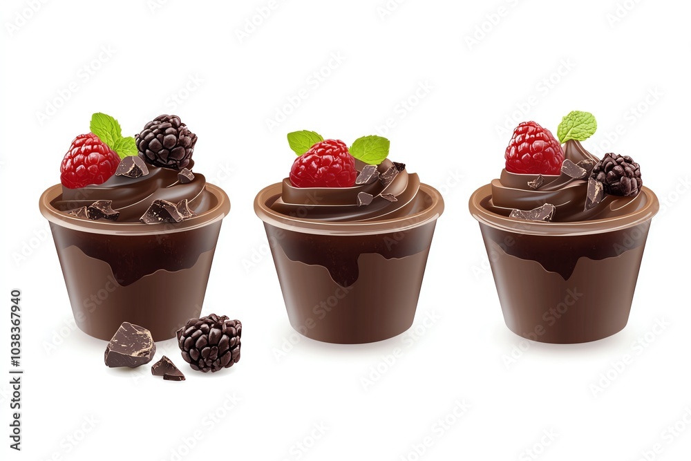 Delicious chocolate mousse cups topped with raspberries and blackberries. Delicious chocolate mousse cups topped with raspberries and blackberries.