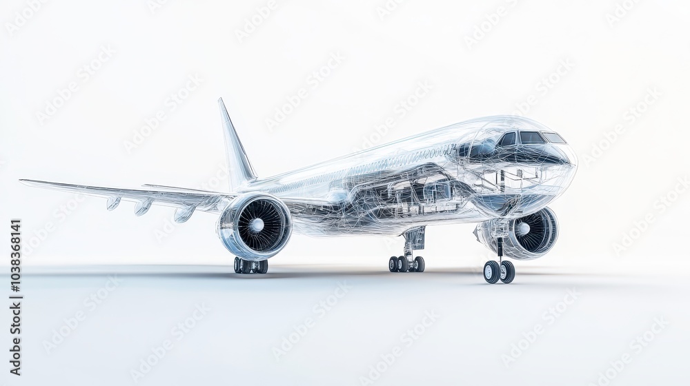 Fototapeta premium Wireframe Airplane Design 3D Render Isolated on White Background.