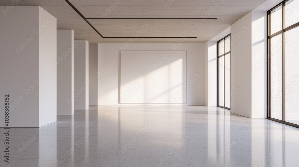 Bright, minimalist interior space with large windows, showcasing polished floors and clean lines, perfect for modern design or creative use. Bright, minimalist interior space with large windows, showcasing polished floors and clean lines, perfect for modern design or creative use.