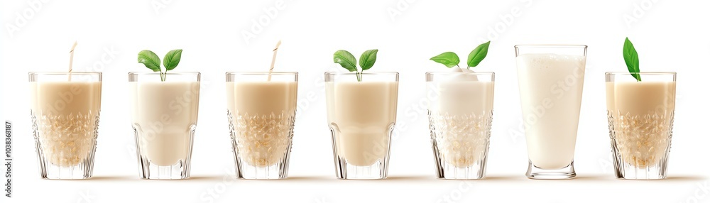 Variety of smoothies in glasses with leaves, white isolate background. Variety of smoothies in glasses with leaves, white isolate background.