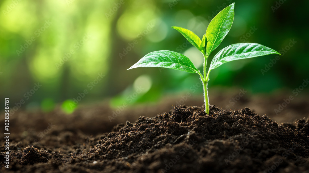 Fototapeta premium A young plant sprouts from rich soil in a sunlit garden, signifying growth and renewal in nature during early spring