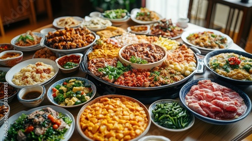 A large table laden with a delicious spread of traditional Chinese dishes.