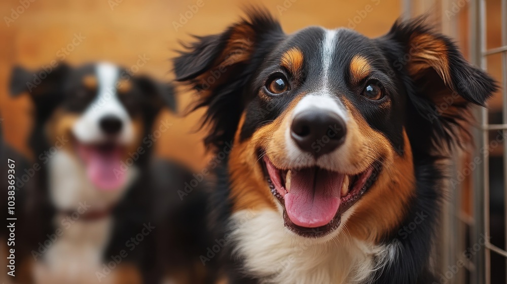 Happy dogs posing together at a shelter during an afternoon playtime event Happy dogs posing together at a shelter during an afternoon playtime event