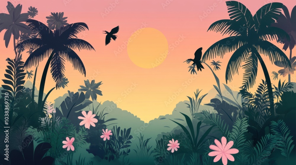 Obraz premium Tropical Jungle Illustration with Glowing Hues