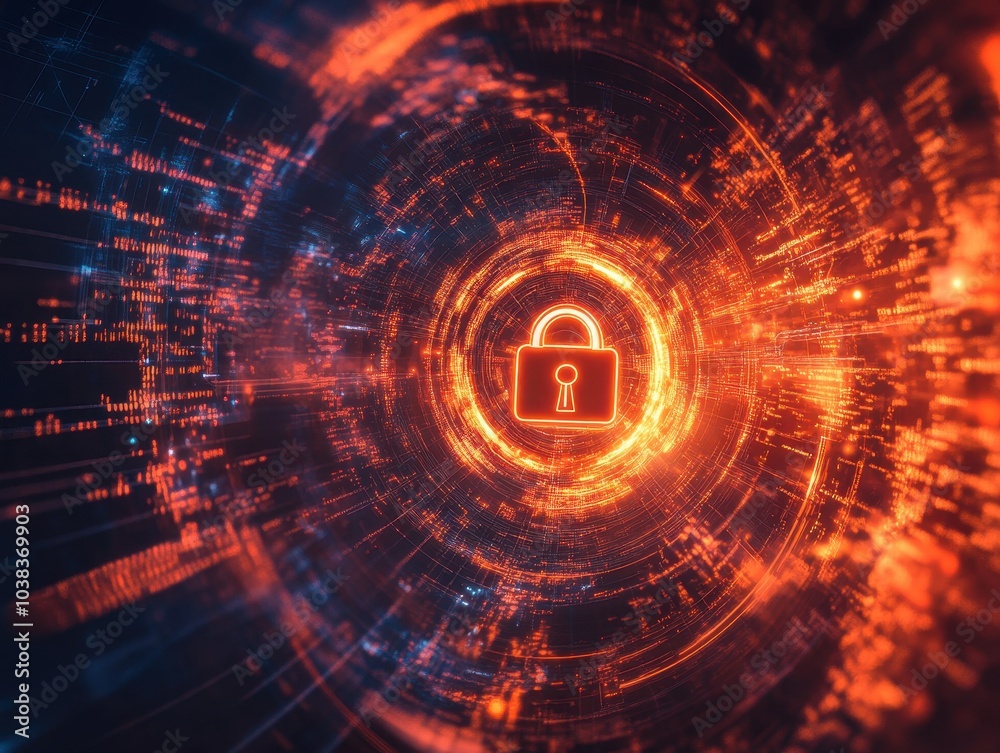 Abstract Digital Security Concept - Glowing Padlock in a Cyber Space Tunnel. Abstract Digital Security Concept - Glowing Padlock in a Cyber Space Tunnel.