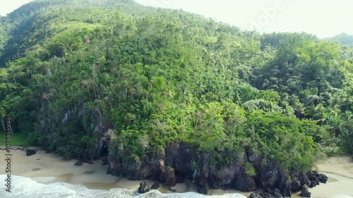 Aerial view of Caribbean beach with blue sea and green palm trees, panoramic view of the beach and crystal clear water. Totally clean beaches. Dominican Republic. photo