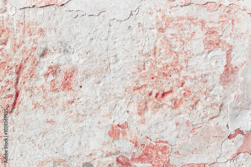 Grunge red concrete background. Textured plaster wall. Color of the year 2025 concept. Top view, layout for design. Surface with peeling shabby pattern.