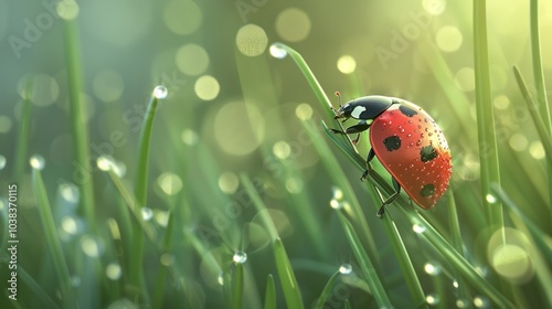 beetle attacks climbing on the dewy grass