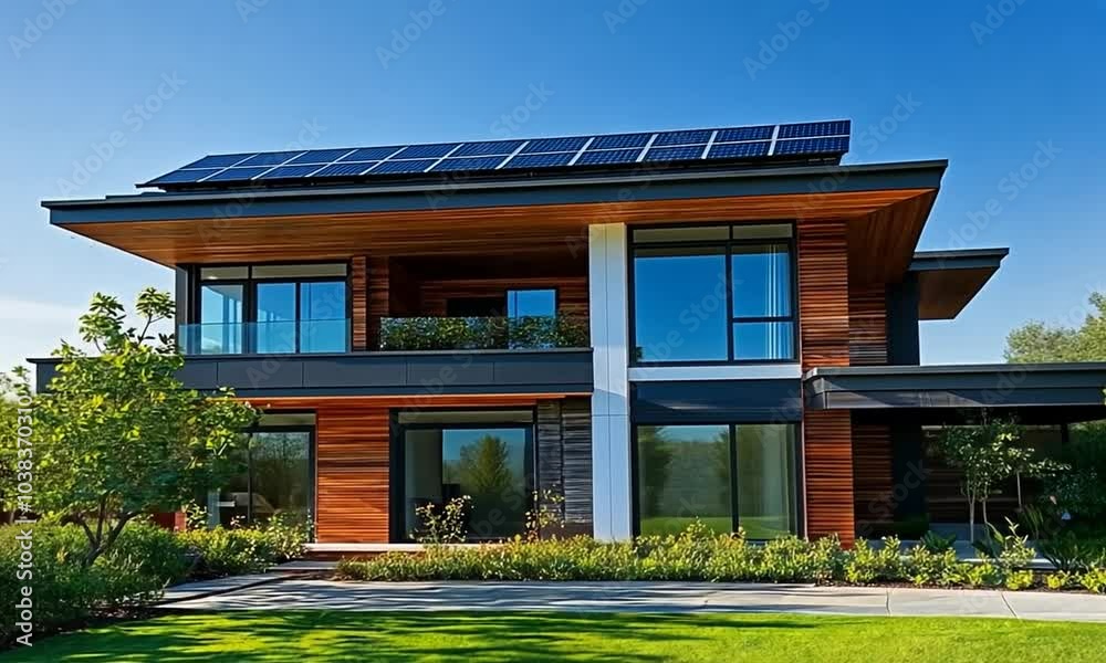 Modern home with wooden siding, large windows, and solar panels on the roof. Modern home with wooden siding, large windows, and solar panels on the roof.