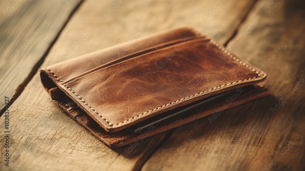 A stylish leather wallet lying open on a wooden table. A stylish leather wallet lying open on a wooden table.