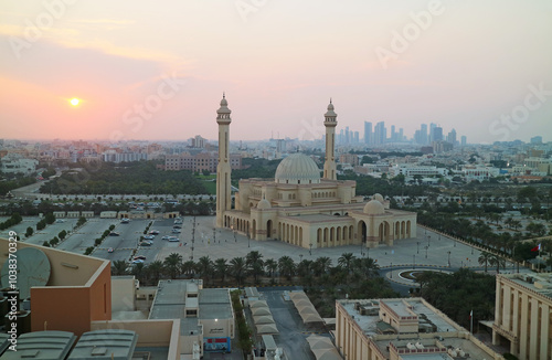 Amazing Aerial View of The Al Fateh Grand Mosque in Twilight, Manama, Bahrain photo