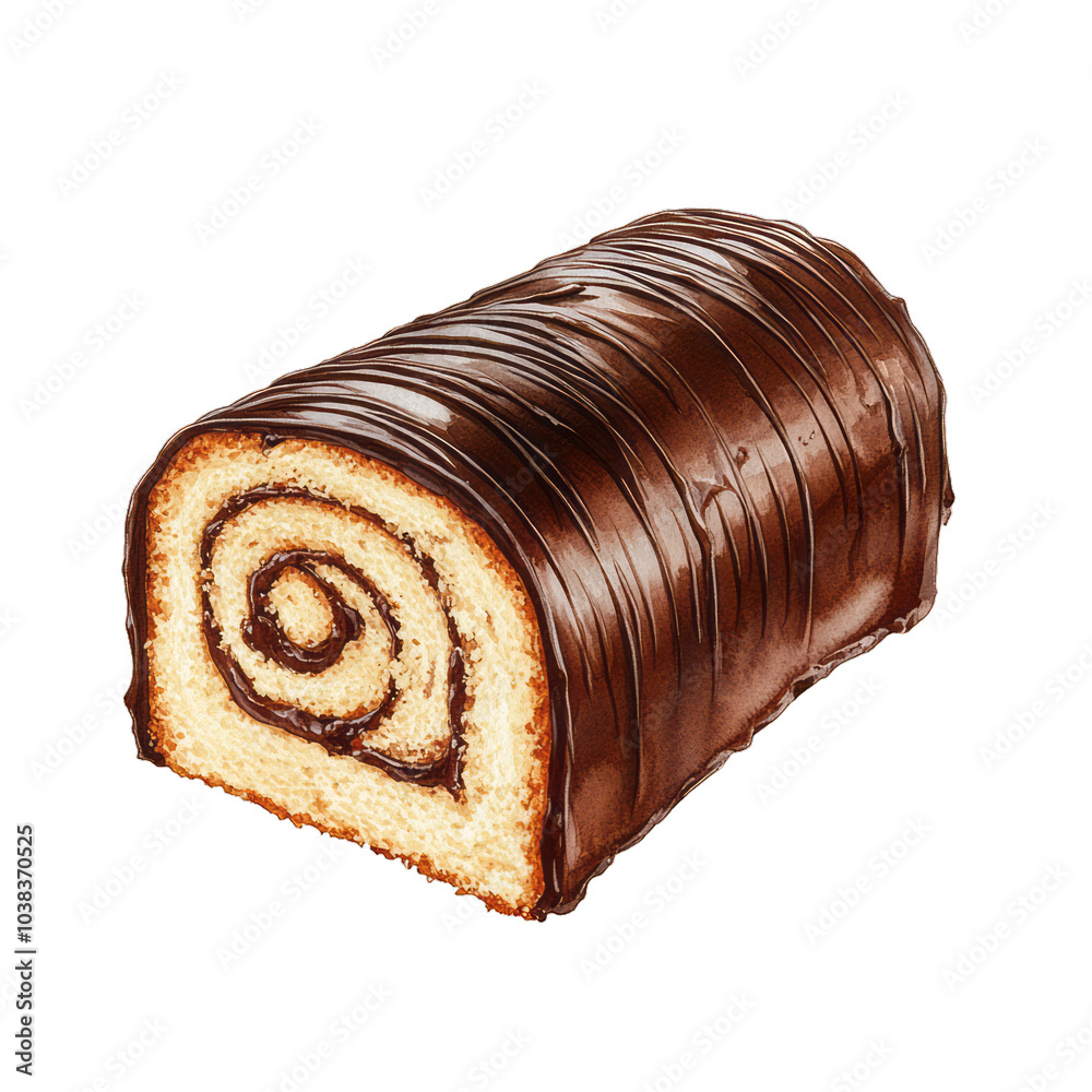 Watercolor Top view of a slice of yule log cake with chocolate frosting and swirl filling isolated on transparent background 