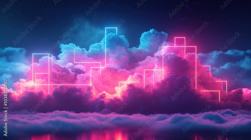 Naklejka premium Neon glowing cube lines and fluffy twilight clouds on a dark background. Creative concept of cloud storage, cloudware, Internet services. Abstract wallpaper. Generative AI 3d illustration.