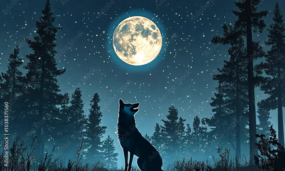 A lone wolf howls at the full moon in a snowy forest under a starry night sky. A lone wolf howls at the full moon in a snowy forest under a starry night sky.