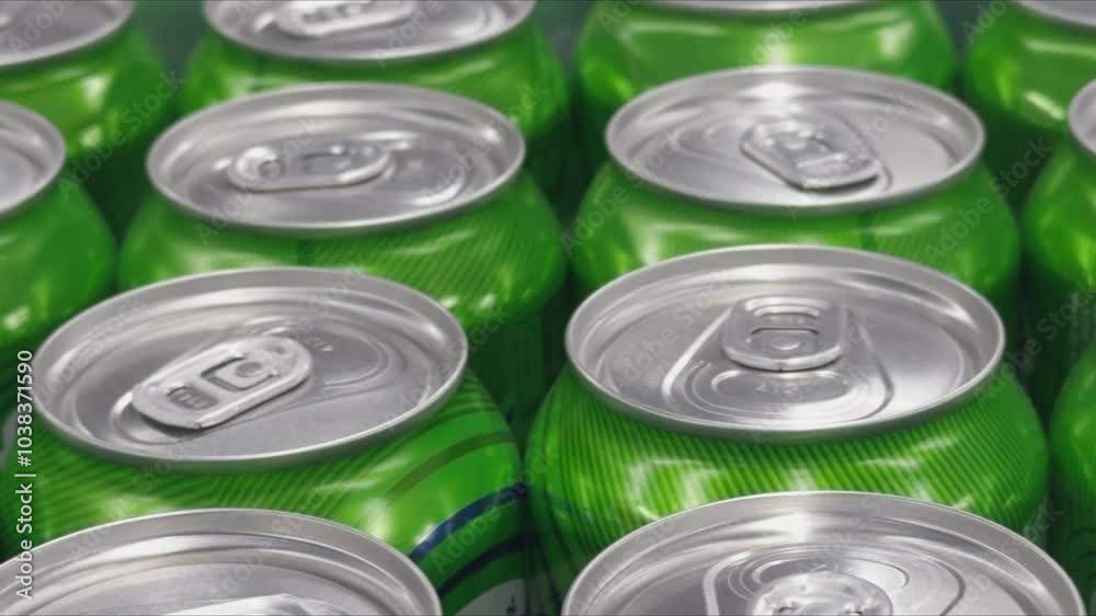 Rows of green aluminum cans with beer or other drink. Rows of green aluminum cans with beer or other drink.