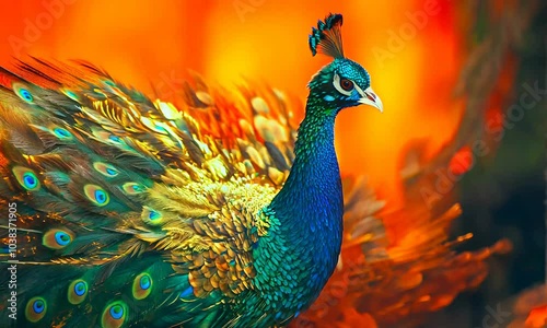 A stunning peacock showcases its bright and colorful plumage against a warm, fiery background, capturing the beauty of nature and the elegance of this magnificent bird.