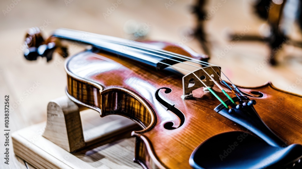 Fototapeta premium Close-up of a beautifully crafted wooden violin on a display stand.