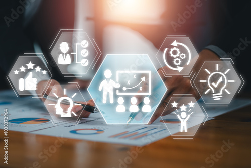 Dynamic coaching concept featuring business icons and graphs, symbolizing professional growth and team success.