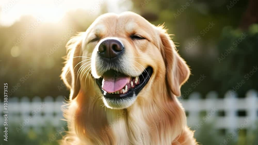 A happy golden retriever with a shiny coat and open mouth, captured in a slightly blurred, green and white setting with natural light. A happy golden retriever with a shiny coat and open mouth, captured in a slightly blurred, green and white setting with natural light.