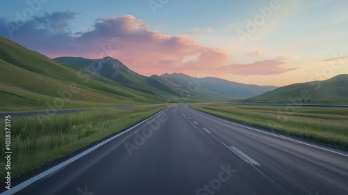 Asphalt highway road and green mountain with sky clouds at sunset