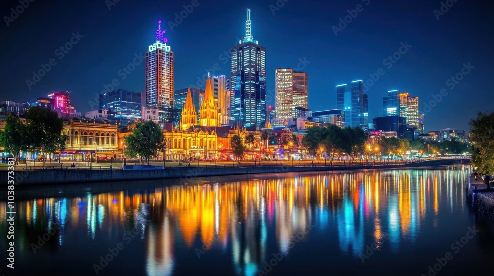 Naklejka premium Vibrant City Skyline at Night with Towering Buildings