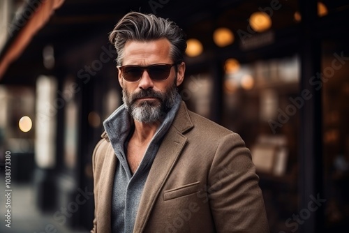 Portrait of a handsome man wearing coat and sunglasses. Men's beauty, fashion.