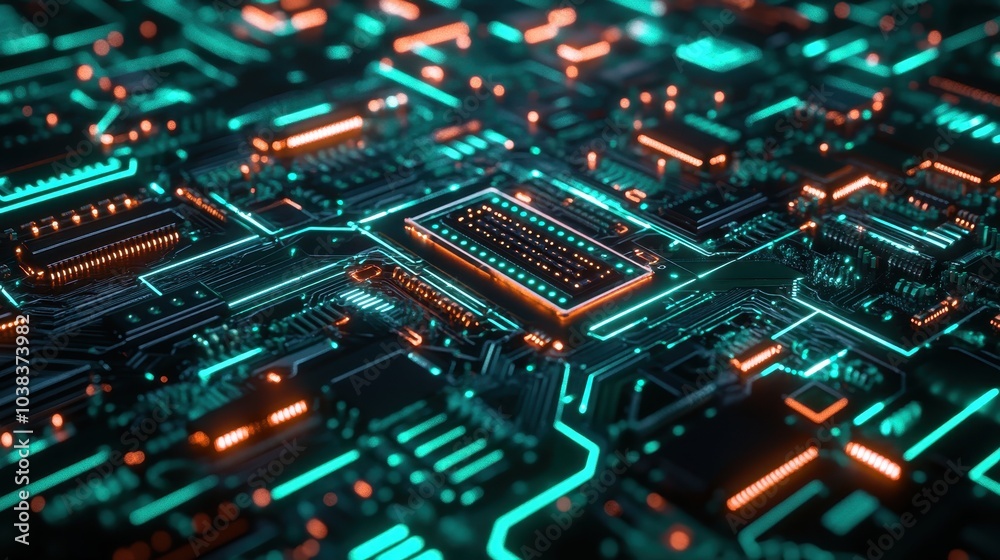 Abstract Futuristic Circuit Board with Glowing Neon Lights - Technology Background Abstract Futuristic Circuit Board with Glowing Neon Lights - Technology Background