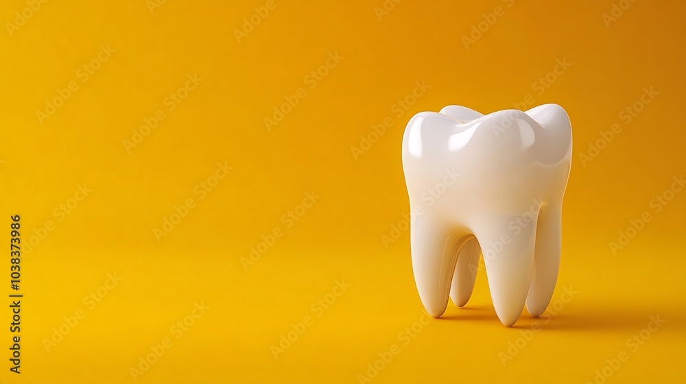 Vibrant image of a white tooth against a bright yellow background highlighting the importance of oral dental hygiene with ample copy space for promoting teeth whitening and dental health Vibrant image of a white tooth against a bright yellow background highlighting the importance of oral dental hygiene with ample copy space for promoting teeth whitening and dental health
