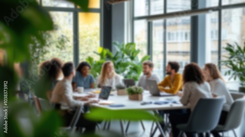 This blurred image captures a group of professionals in a well-lit office, engaged in a collaborative discussion, with plants adding a refreshing, natural touch.