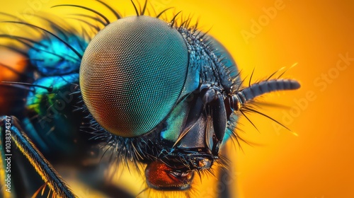 Macro shot. The Calliphoridae (commonly known as blow fly, carrion fly, bluebottle, greenbottle, or cluster fly) are a family of insects in the order Diptera.Showing of eyes detail.Insect life concept photo