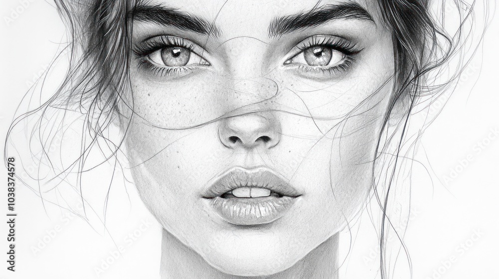 Fototapeta premium A captivating black-and-white painting of a woman with flowing, long hair. Her gaze is thoughtful, and the monochromatic tones emphasize her delicate features, creating a timeless, elegant portrait.