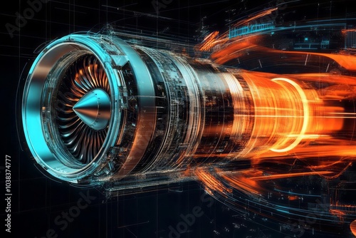 A jet engine combined with illustrative elements showing airflow patterns and aerodynamic efficiency photo