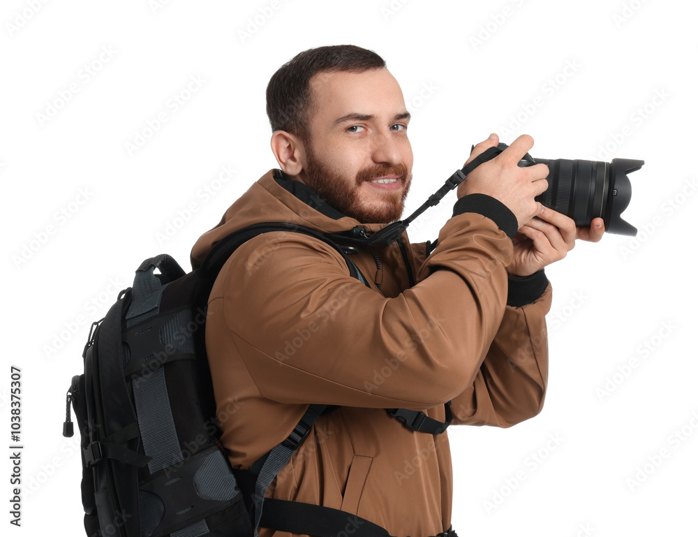 Photographer with backpack and camera on white background Photographer with backpack and camera on white background
