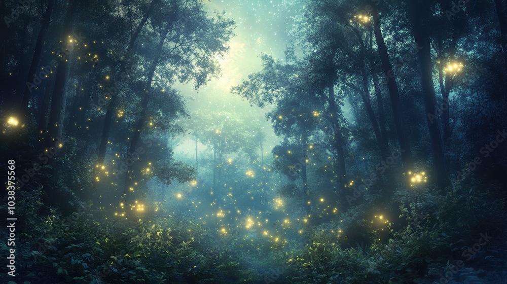 Naklejka premium Enchanting Forest at Night with Glowing Fireflies and Misty Atmosphere.