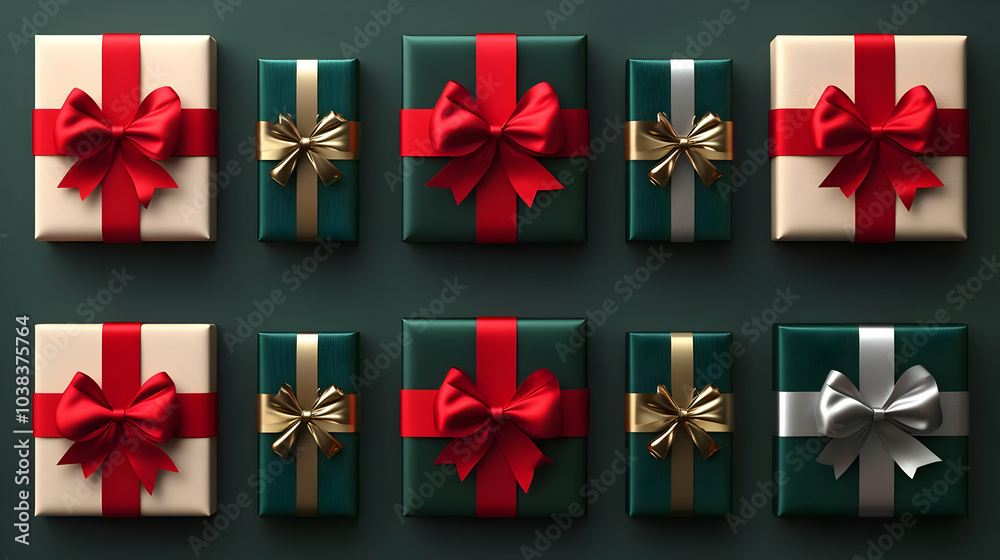 Green and Beige Christmas Gift Boxes with Red and Silver Bows Green and Beige Christmas Gift Boxes with Red and Silver Bows