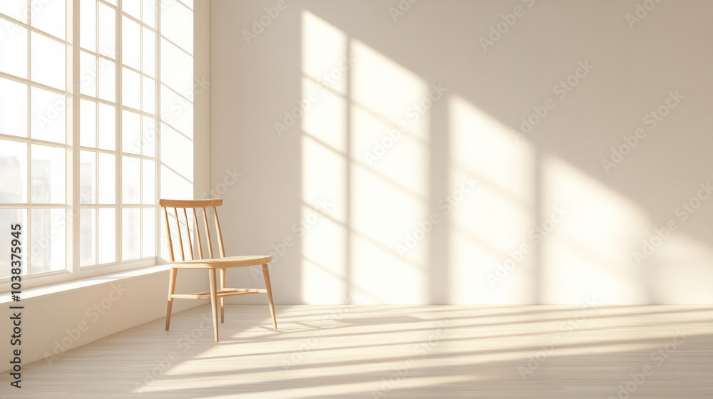 Fototapeta premium A solitary wooden chair bathed in sunlight in a minimalist empty room with large windows and soft shadows